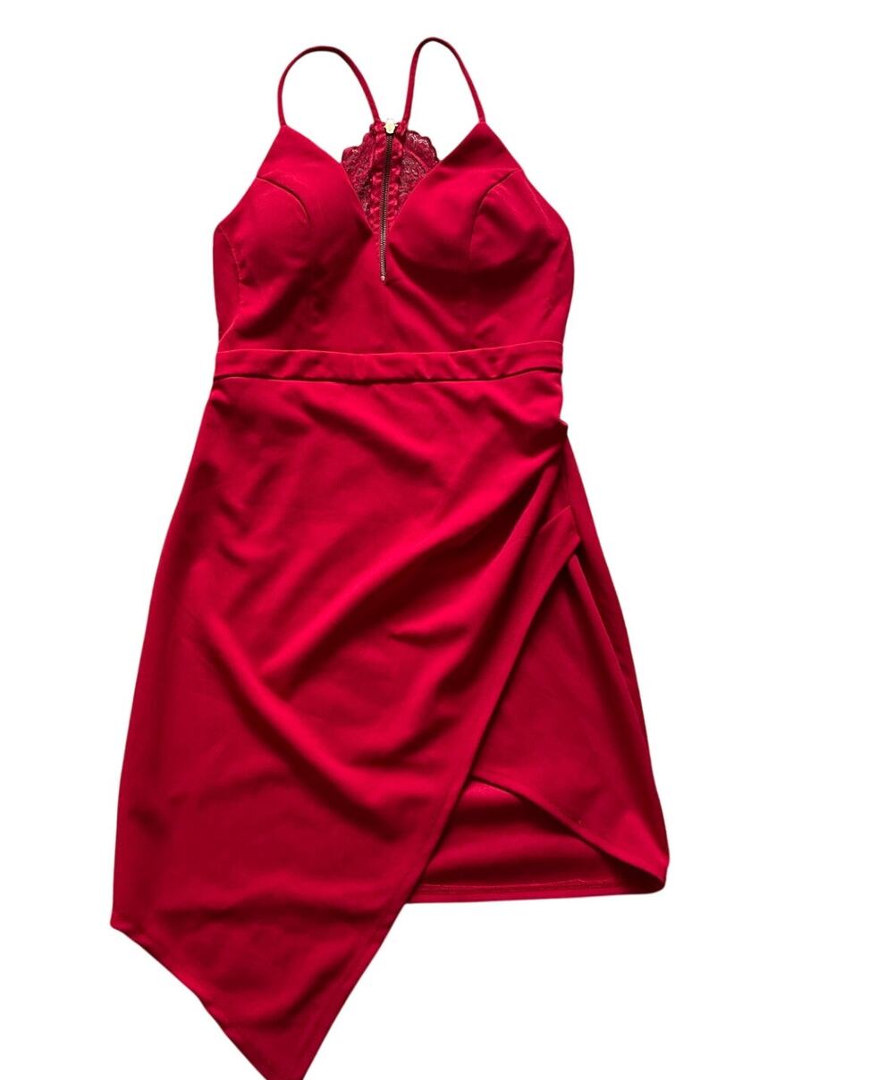 Red asymmetrical Dress Lace Zip Back Mini Dress Bust Padding Sz Large Hoco Date